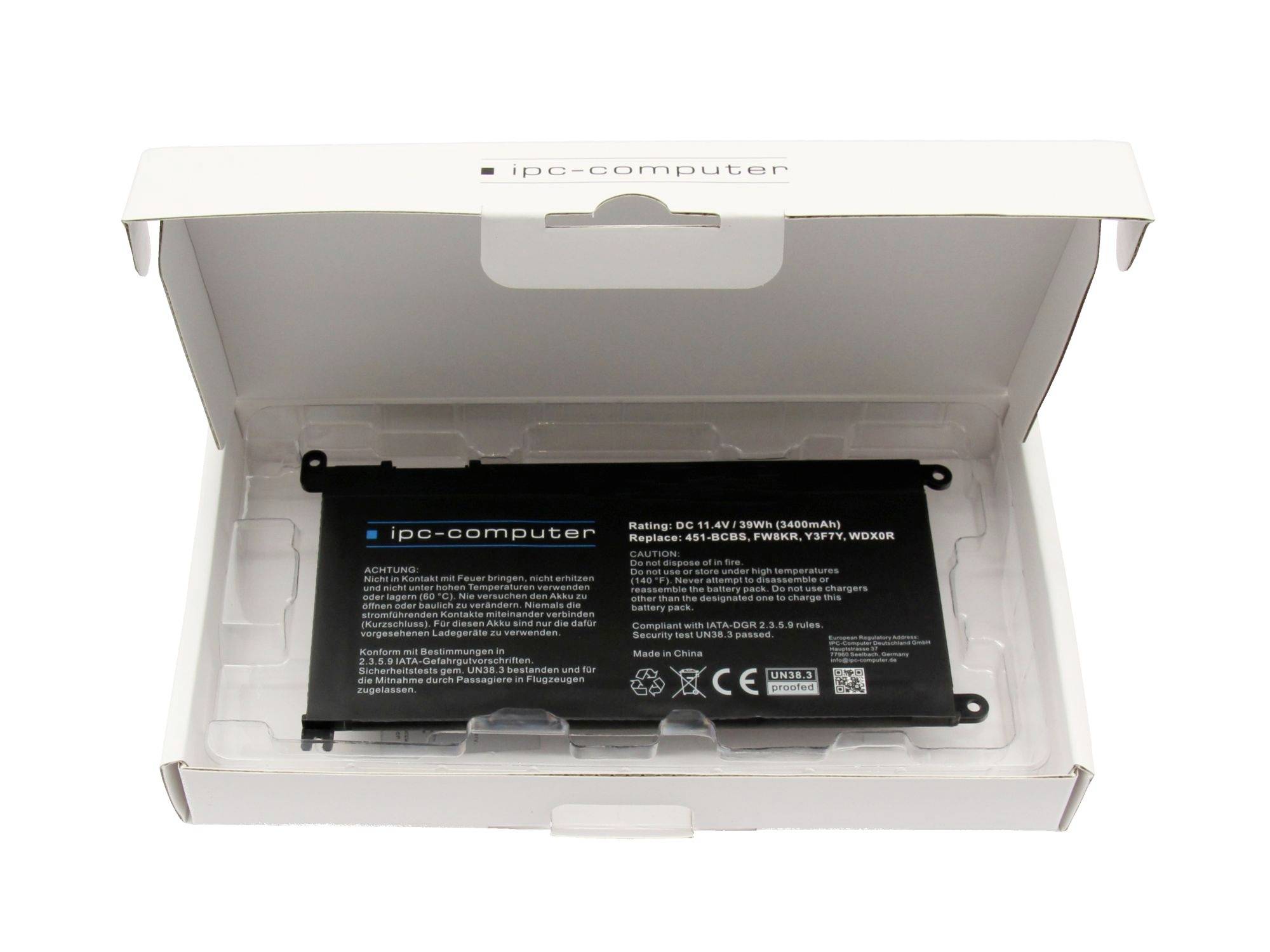 Laptop-Akku in einer offenen weißen "ipc-computer"-Box, mit dem sichtbaren schwarzen Ersatzakku im Inneren der Verpackung.