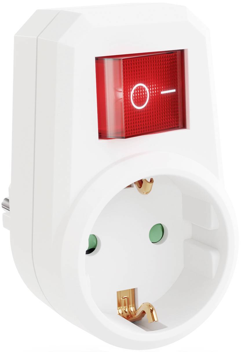 Weißer Elektrostecker-Adapter mit einem roten Ein-/Ausschalter oben über einer europäischen Steckdose