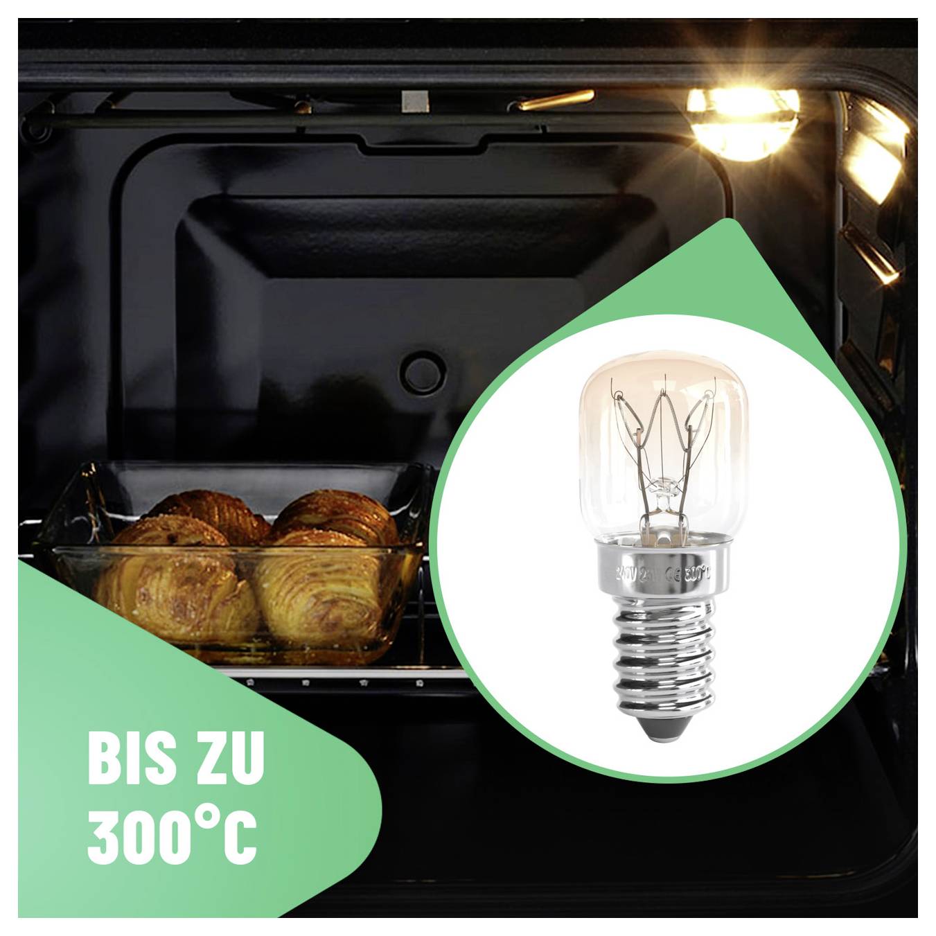 Ofeninneres mit Croissants beim Backen, beschriftet mit „BIS ZU 300°C", zusammen mit einem Glühbirnensymbol, das Hitzebeständigkeit anzeigt.