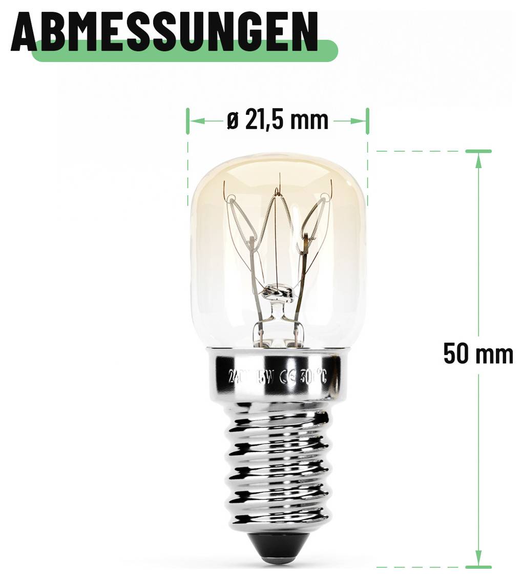 Abbildung einer kleinen Glühbirne mit der Bezeichnung "ABMESSUNGEN" und den Maßen: 21,5 mm breit und 50 mm hoch.