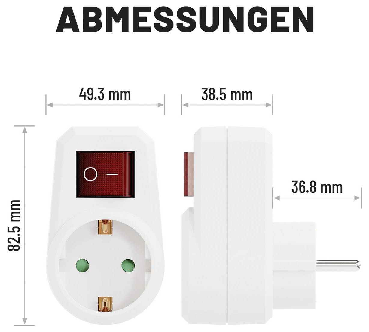 Abmessungszeichnung eines Steckgeräts mit der Bezeichnung 'ABMESSUNGEN', das Vorder- und Seitenansichten mit folgenden Maßen zeigt: 49,3 mm breit, 82,5 mm hoch, 38,5 mm tief und 36,8 mm Verlängerung.