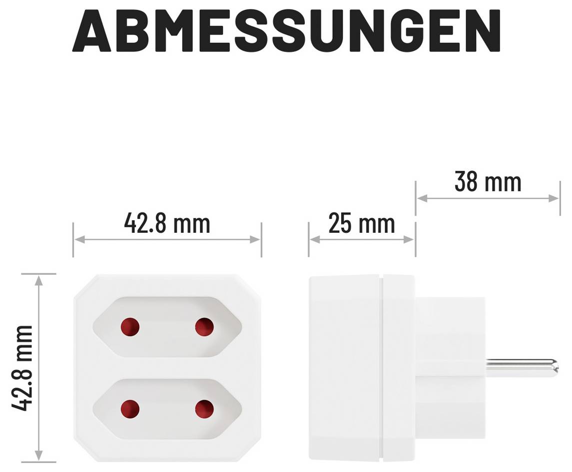 Diagramm mit dem Titel "ABMESSUNGEN" zeigt die Abmessungen eines Steckdapteradapters: 42,8 mm breit und hoch, 25 mm tief und 38 mm Gesamttiefe aus der Seitenansicht.