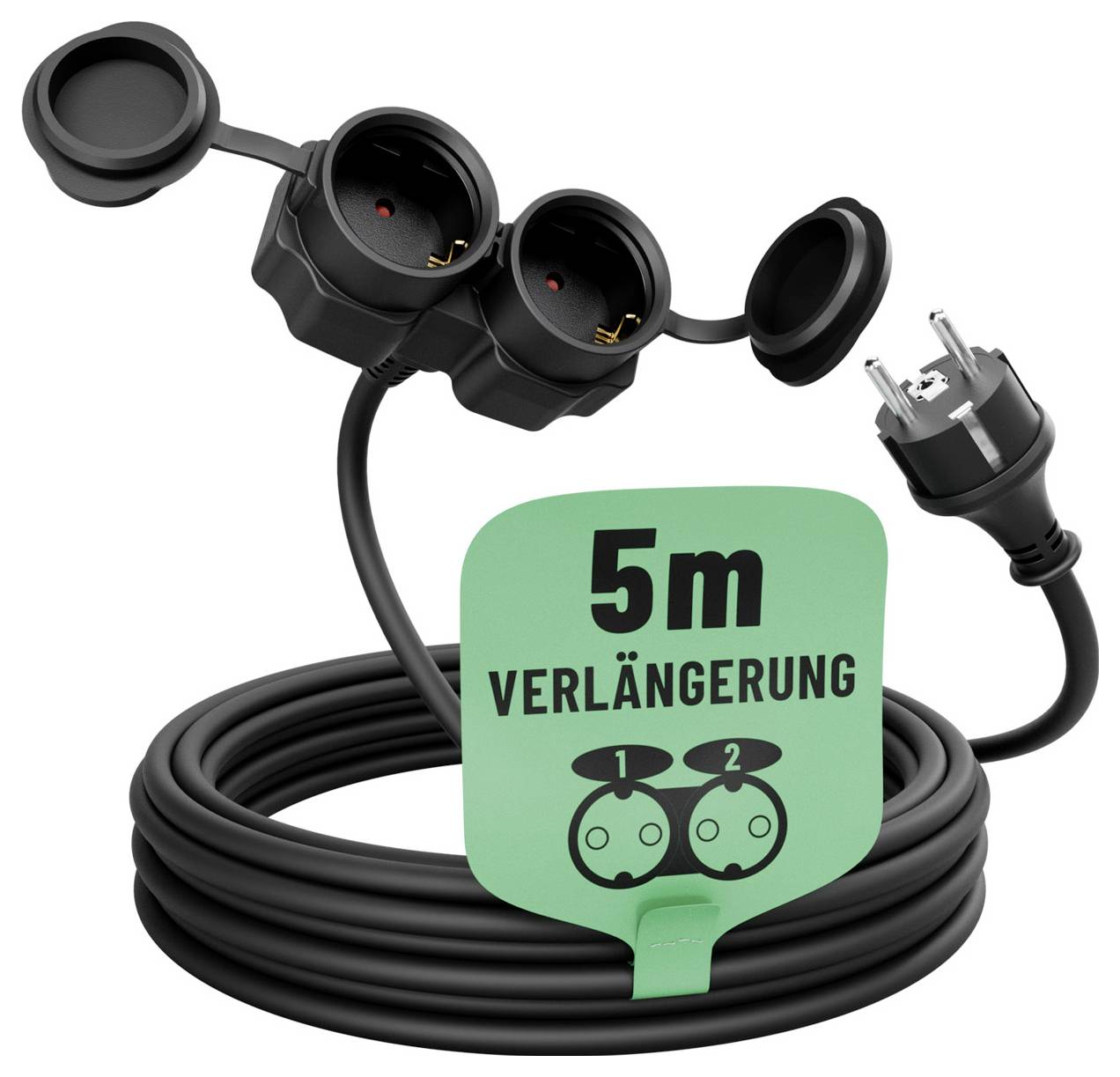 Verlängerungskabel mit Länge von 5 m mit abgedeckter Doppelsteckdose und Stecker; das Etikett zeigt „5m VERLÄNGERUNG" und die Steckdosennummern 1 und 2.