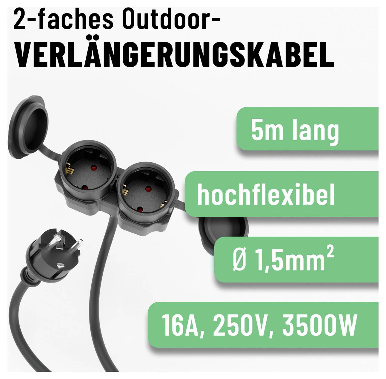 Anzeige für ein 2er Außen-Verlängerungskabel mit schwarzem Kabel und Schutzabdeckungen; Text hebt 5 m Länge, flexibel, 1,5 mm², 16A/250V/3500W hervor.