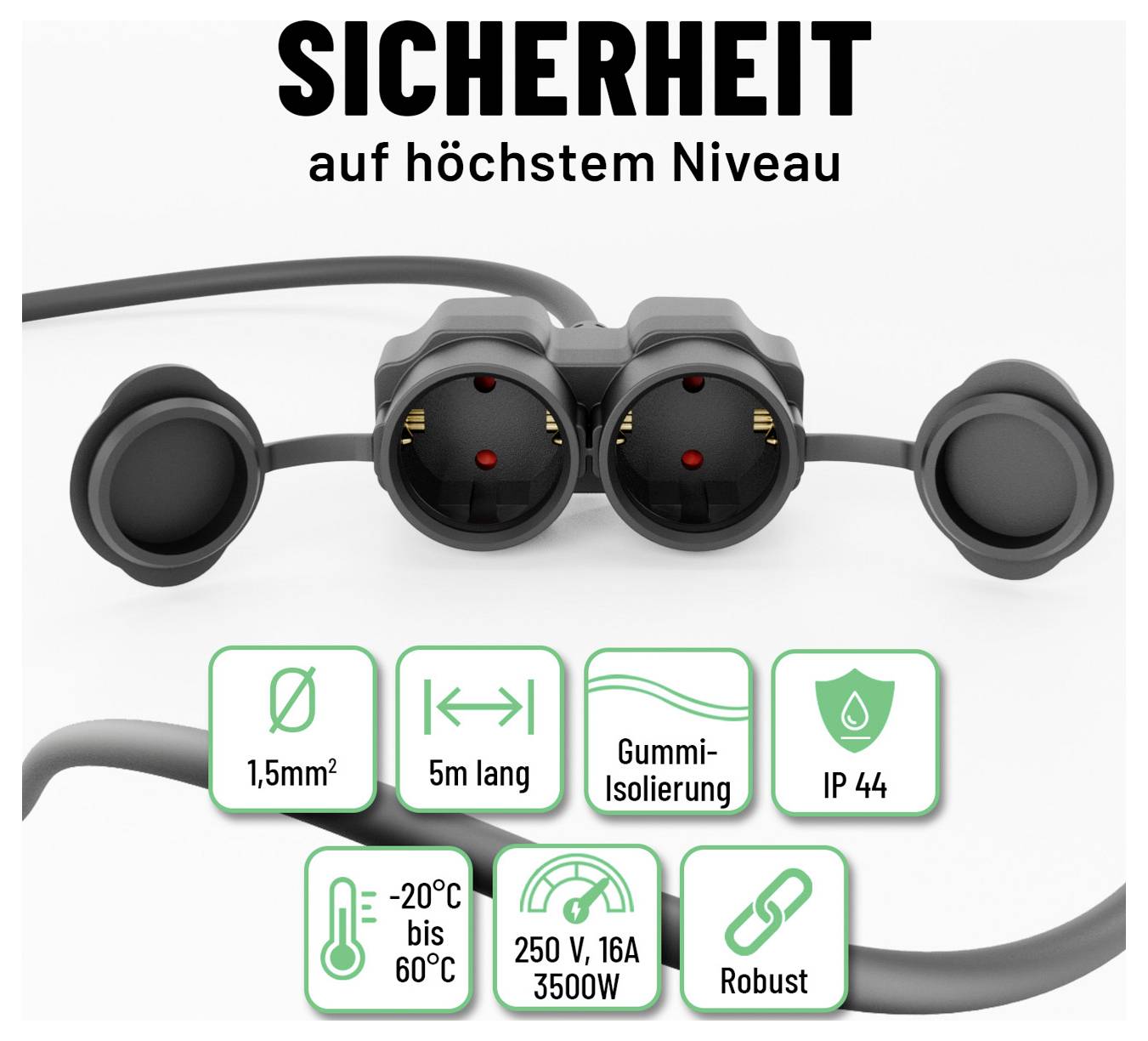 Werbebild eines robusten Stromsteckers mit deutschem Titel „SICHERHEIT auf höchstem Niveau" und Funktionssymbolen: 1,5 mm², 5 m lang, Gummisolierung, IP44, -20 °C bis 60 °C, 250 V 16 A 3500 W, robust.