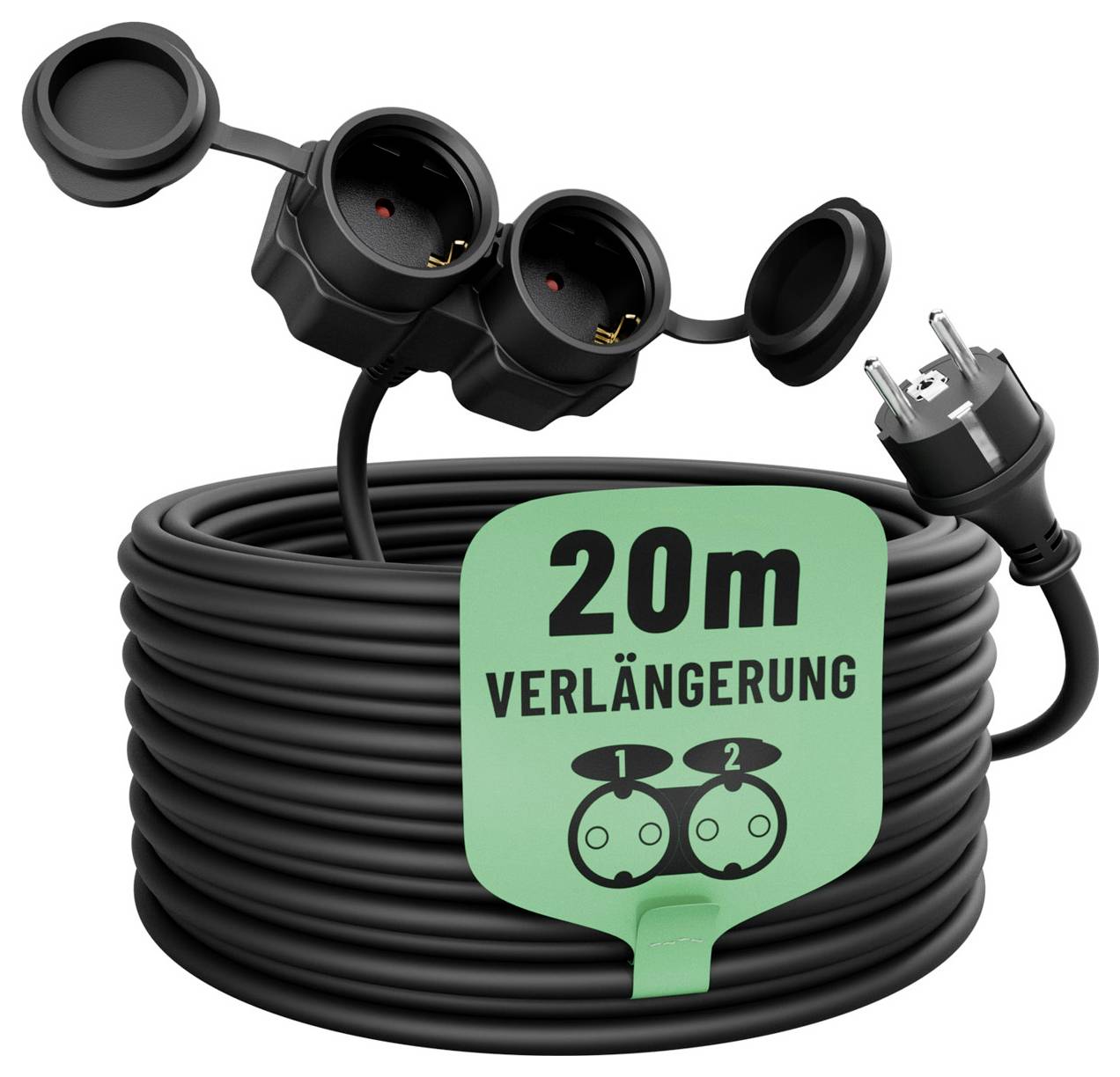 20 m schwarzes Stromverlängerungskabel mit zwei Steckdosen und Stecker, auf der Spule mit „20m VERLÄNGERUNG" gekennzeichnet.