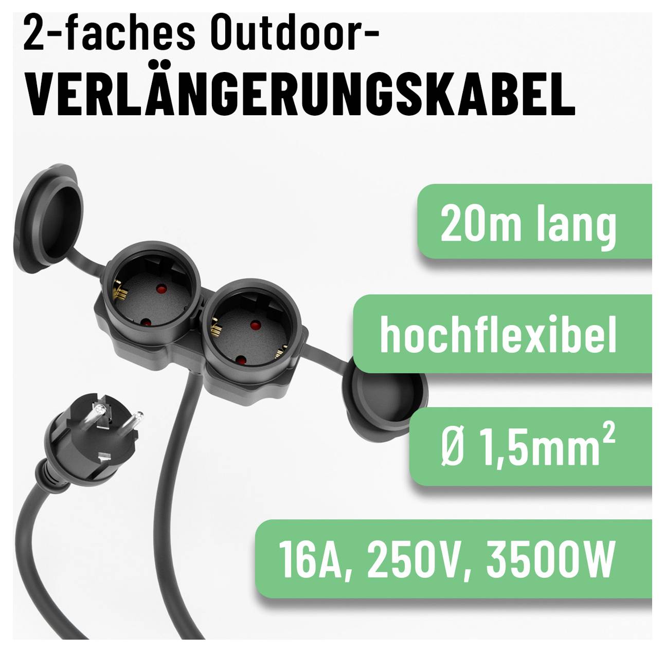Abbildung eines 2-fach-Außensteckdosenverlängerungskabels mit Kappen, gekennzeichnet 20 m lang, flexibel, 1,5 mm², 16A 250V 3500W.