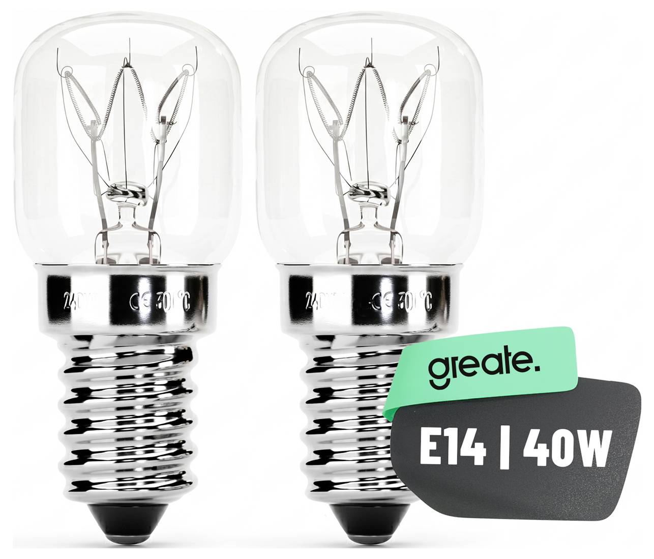 Zwei klare Glühbirnen mit einer Kennzeichnung „create. E14 | 40W", die ein E14-40-Watt-Glühbirnen-Produkt anzeigen.