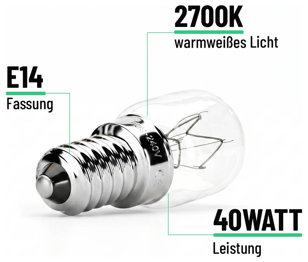 E14-Glühbirne mit 2700K warmweißem Licht und 40 Watt Leistung, auf weißem Hintergrund dargestellt.