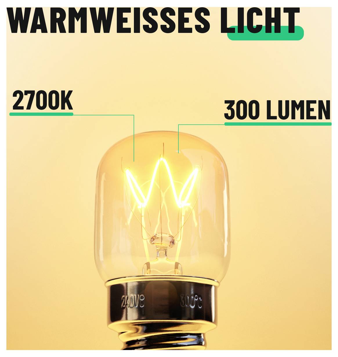 Infografik einer warmweißen Glühbirne mit der Bezeichnung „WEISSES LICHT", „2700K" und „300 LUMEN", die eine leuchtende Birne vor einem warmen gelblichen Hintergrund zeigt.