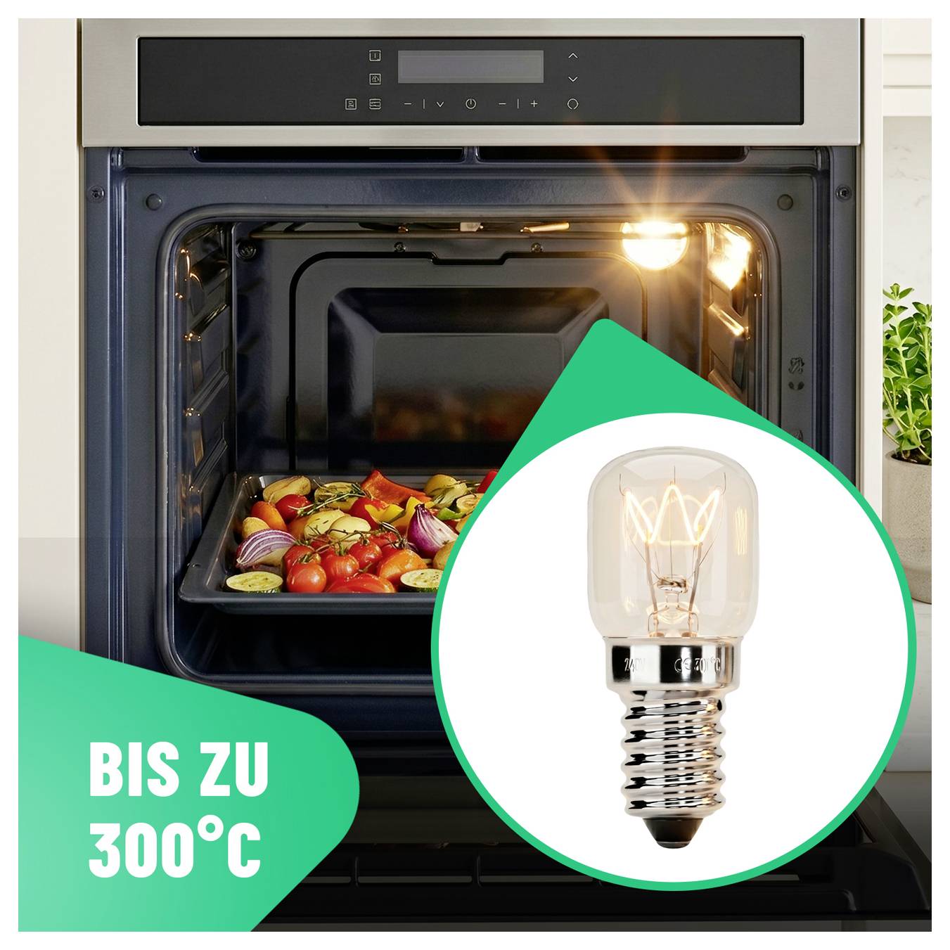 Eingebauter Ofen mit Gemüse im Inneren und einer hervorgehobenen hitzebeständigen Glühbirne, beschriftet mit „BIS ZU 300°C" (bis zu 300°C).