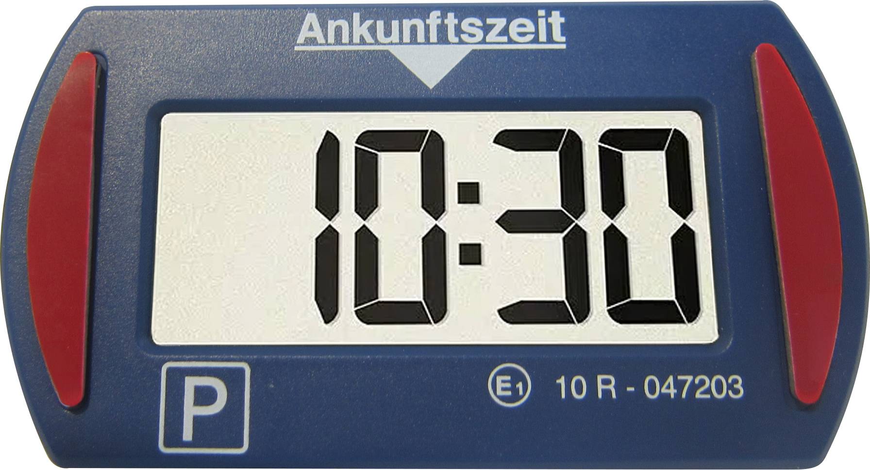 Blauet Parkscheibe mit Ankunftszeit 10:30, beschriftet mit „Ankunftszeit