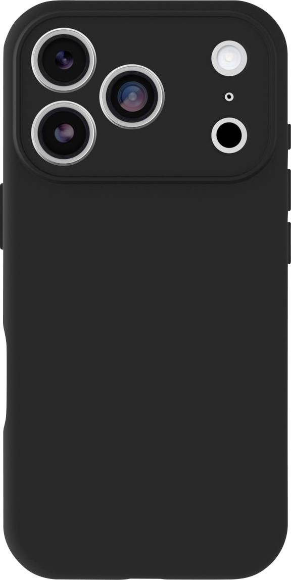 Schwarze Smartphone-Hülle von hinten dargestellt, mit drei großen Kamera-Aussparungen, einer Blitzöffnung und einer kleinen Sensor-Öffnung oben in der Nähe.