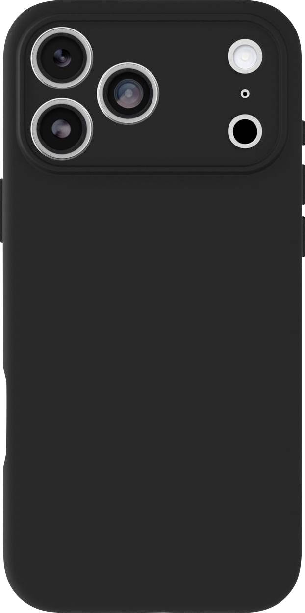 Schwarze Smartphone-Hülle von hinten gezeigt mit drei Kameralinsen und Blitzausschnitten oben.