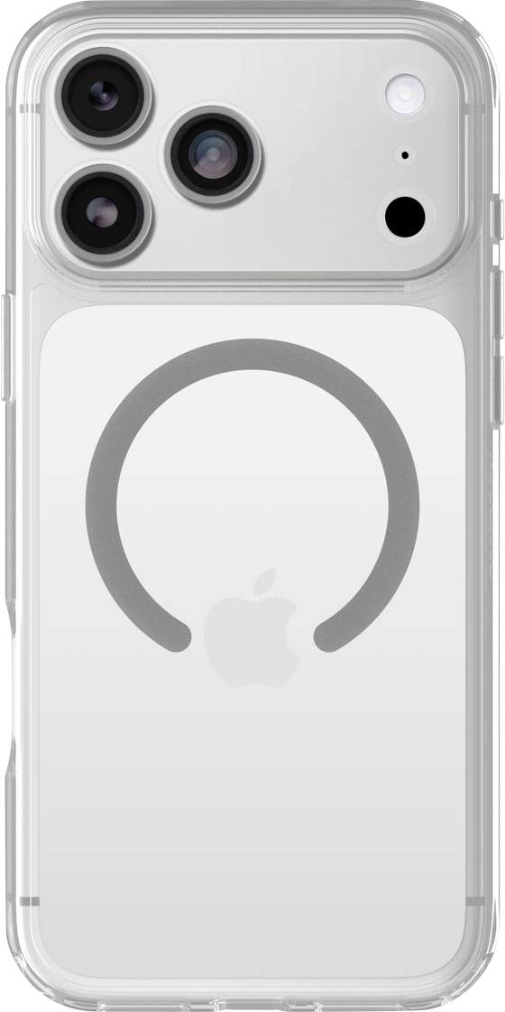 Durchsichtige iPhone-Hülle mit einem MagSafe-Ring, gezeigt auf der Rückseite eines silbernen iPhones mit Triple-Kamera.