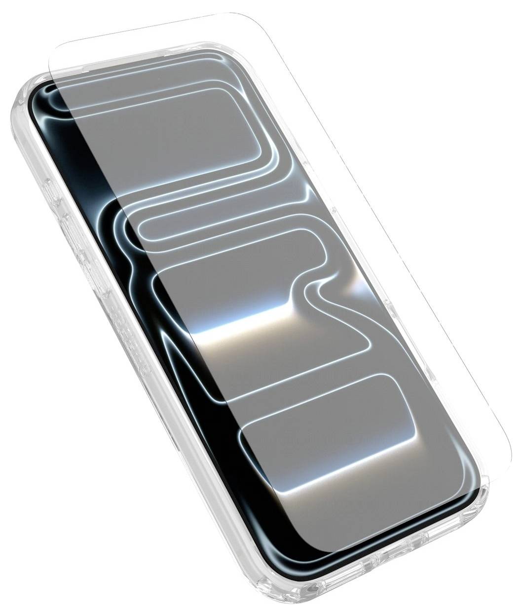 Transparentes Smartphone in einer durchsichtigen Schutzhülle, schräg dargestellt mit leuchtenden blauen Linienakzenten auf dem Bildschirm.