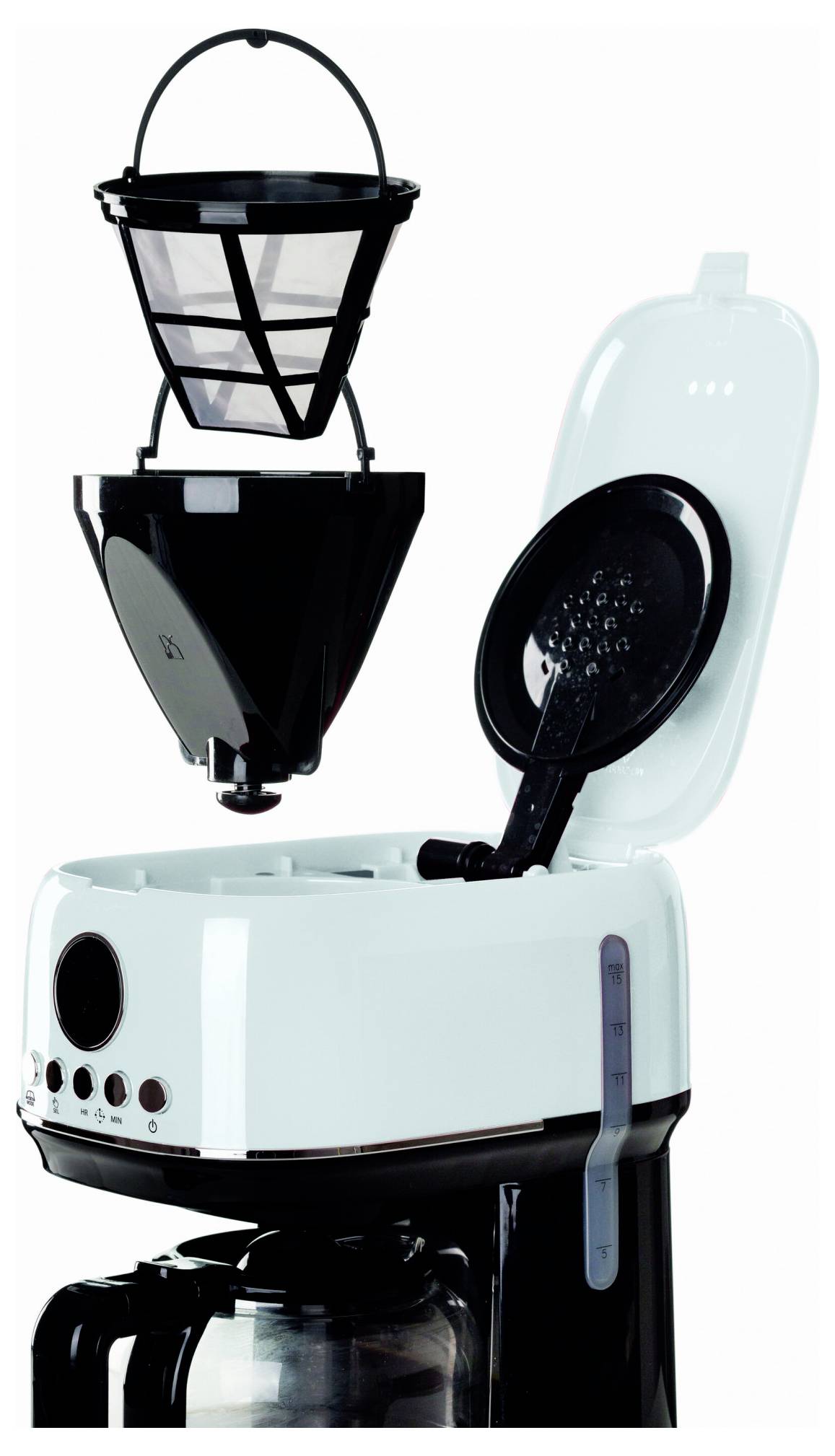Offene Kaffeemaschine mit Filterkorb und wiederverwendbarem Filter, gezeigt in einer mintgrünen Maschine.