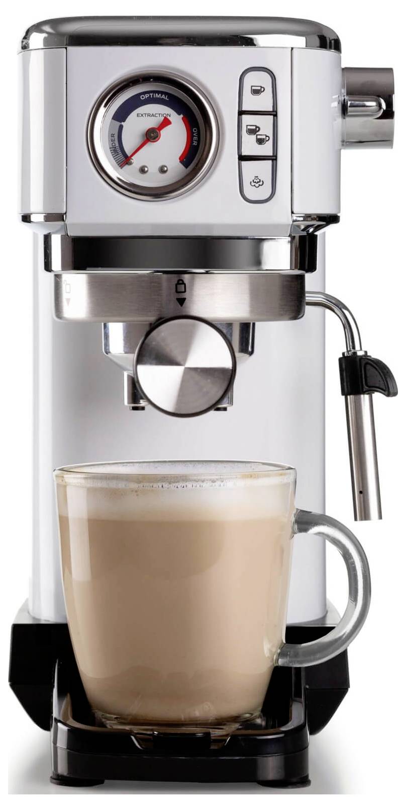 Edelstahlespressomaschine, die Kaffee in eine Glastasse braut, mit einem sichtbaren Manometer und einer Dampflanze.