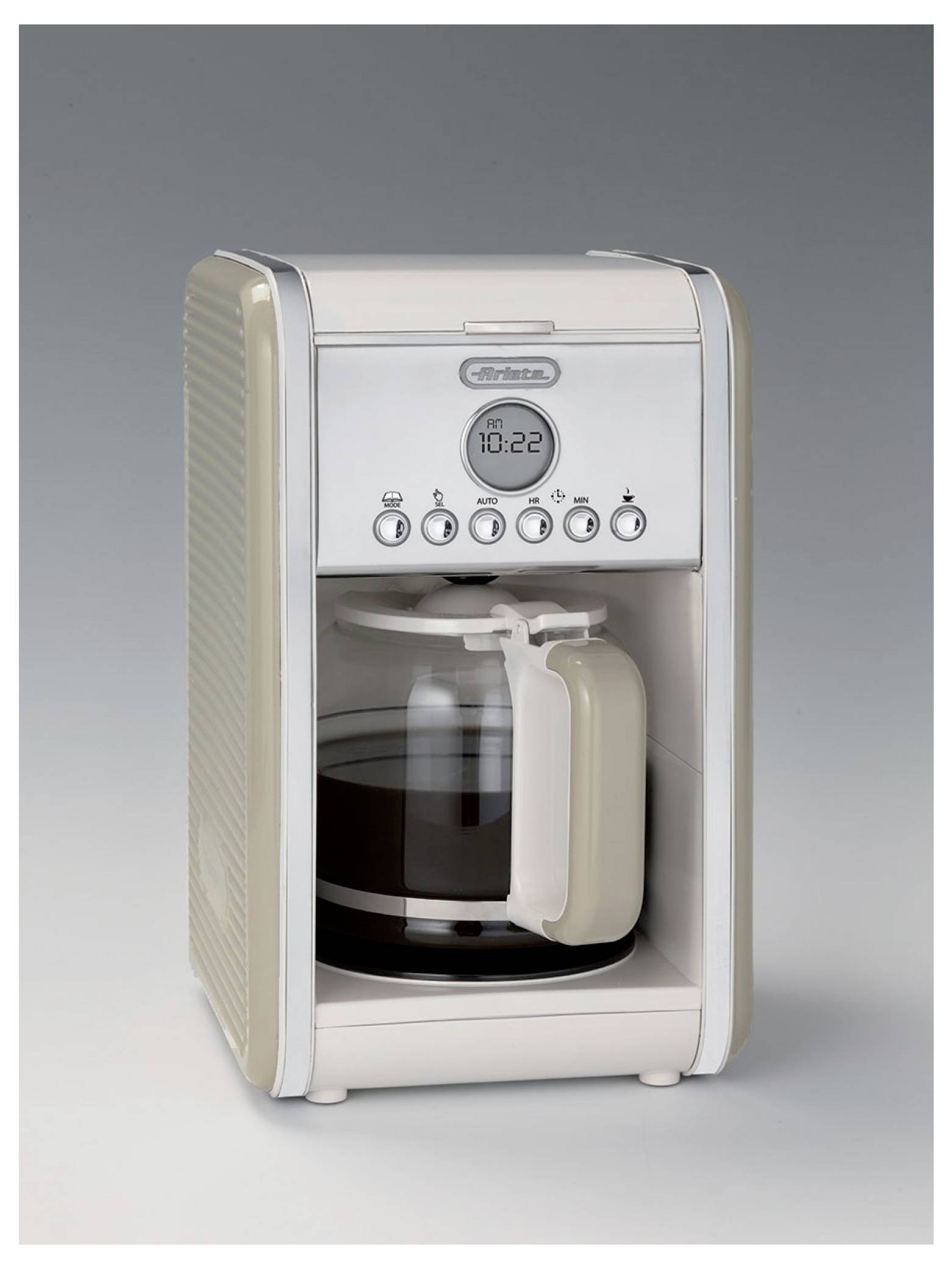 Frontansicht eines kompakten De'Longhi-Tropfkaffeeautomaten mit Glaskanne, digitaler Uhranzeige und Steuertasten.
