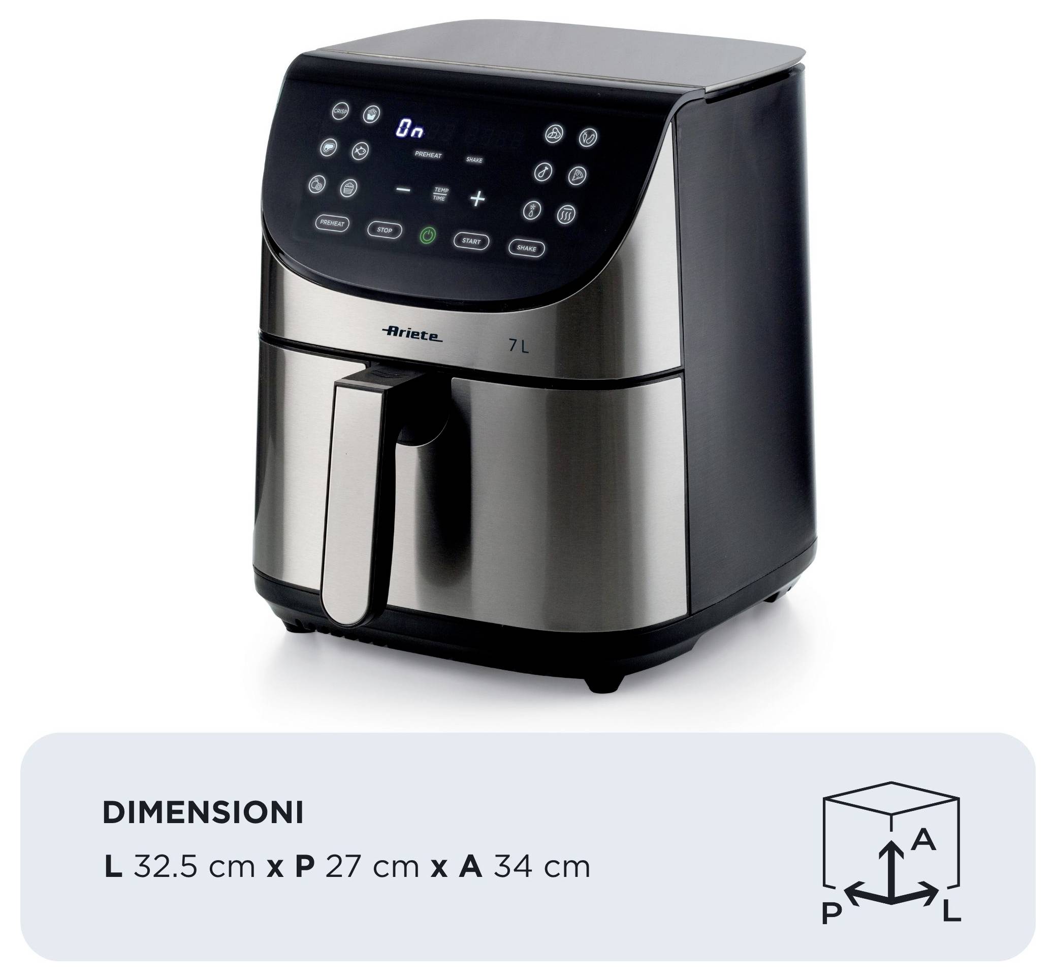 Ariete Heißluftfritteuse 7l Antihaftbeschichtung, BPA-frei, digitaler Timer, für Lebensmittel, Heißluft-Funktion, LCD-Display