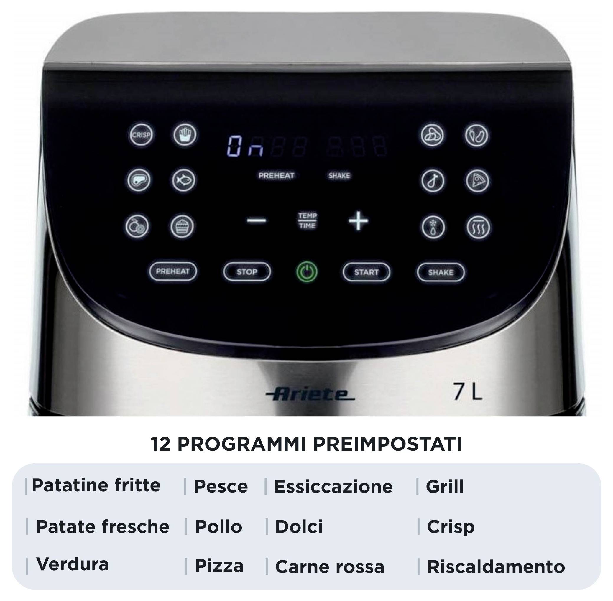 Ariete Heißluftfritteuse 7l Antihaftbeschichtung, BPA-frei, digitaler Timer, für Lebensmittel, Heißluft-Funktion, LCD-Display