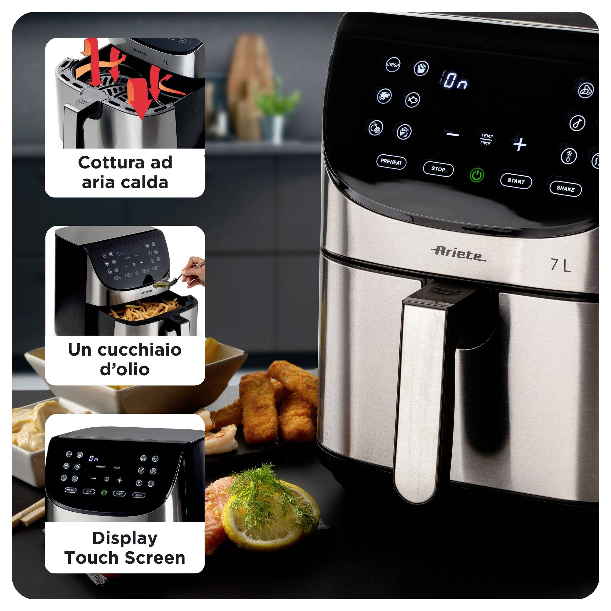 Ariete Heißluftfritteuse 7l Antihaftbeschichtung, BPA-frei, digitaler Timer, für Lebensmittel, Heißluft-Funktion, LCD-Display