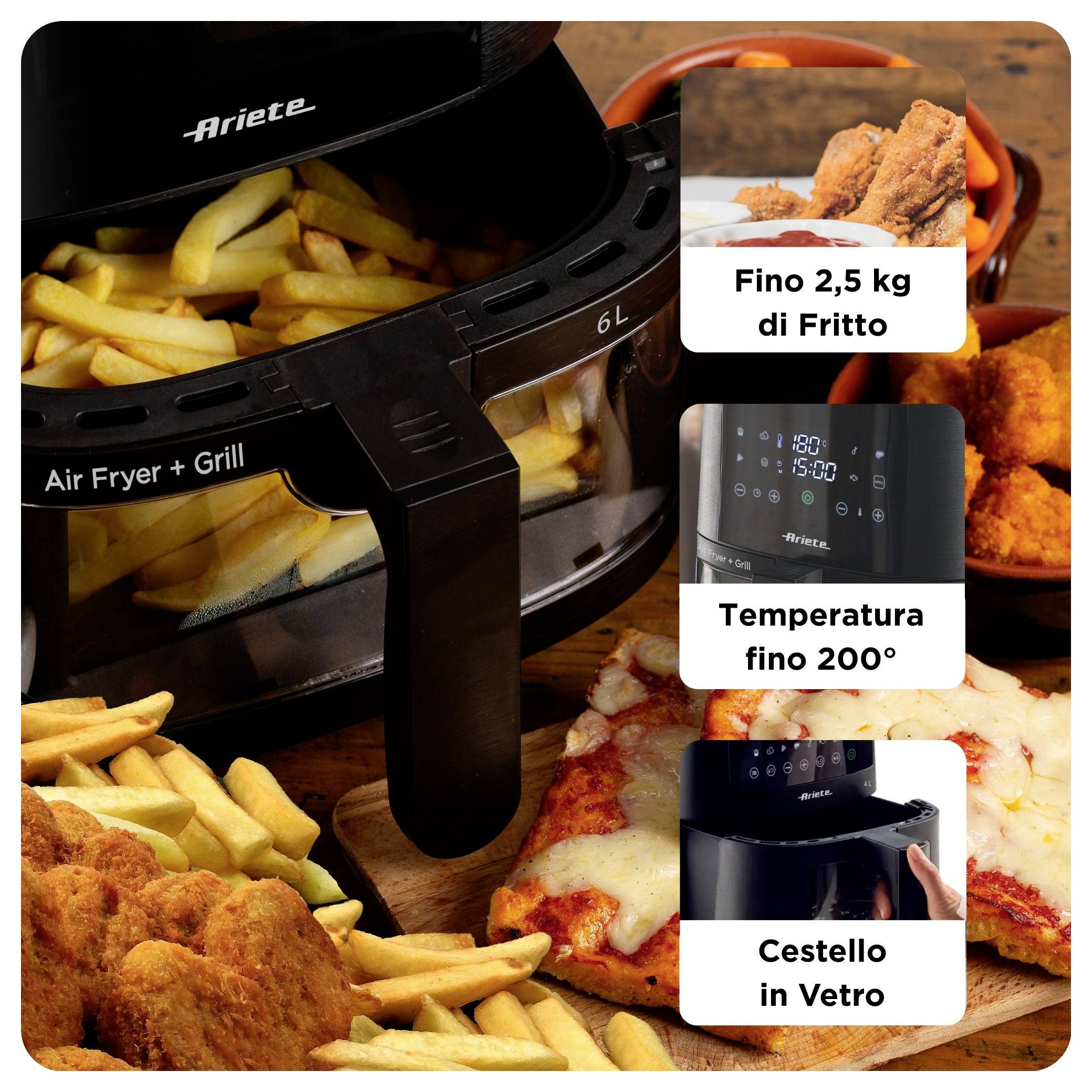 Ariete Heißluftfritteuse 6l Antihaftbeschichtung, BPA-frei, digitaler Timer, für Lebensmittel, Heißluft-Funktion, LCD-Display