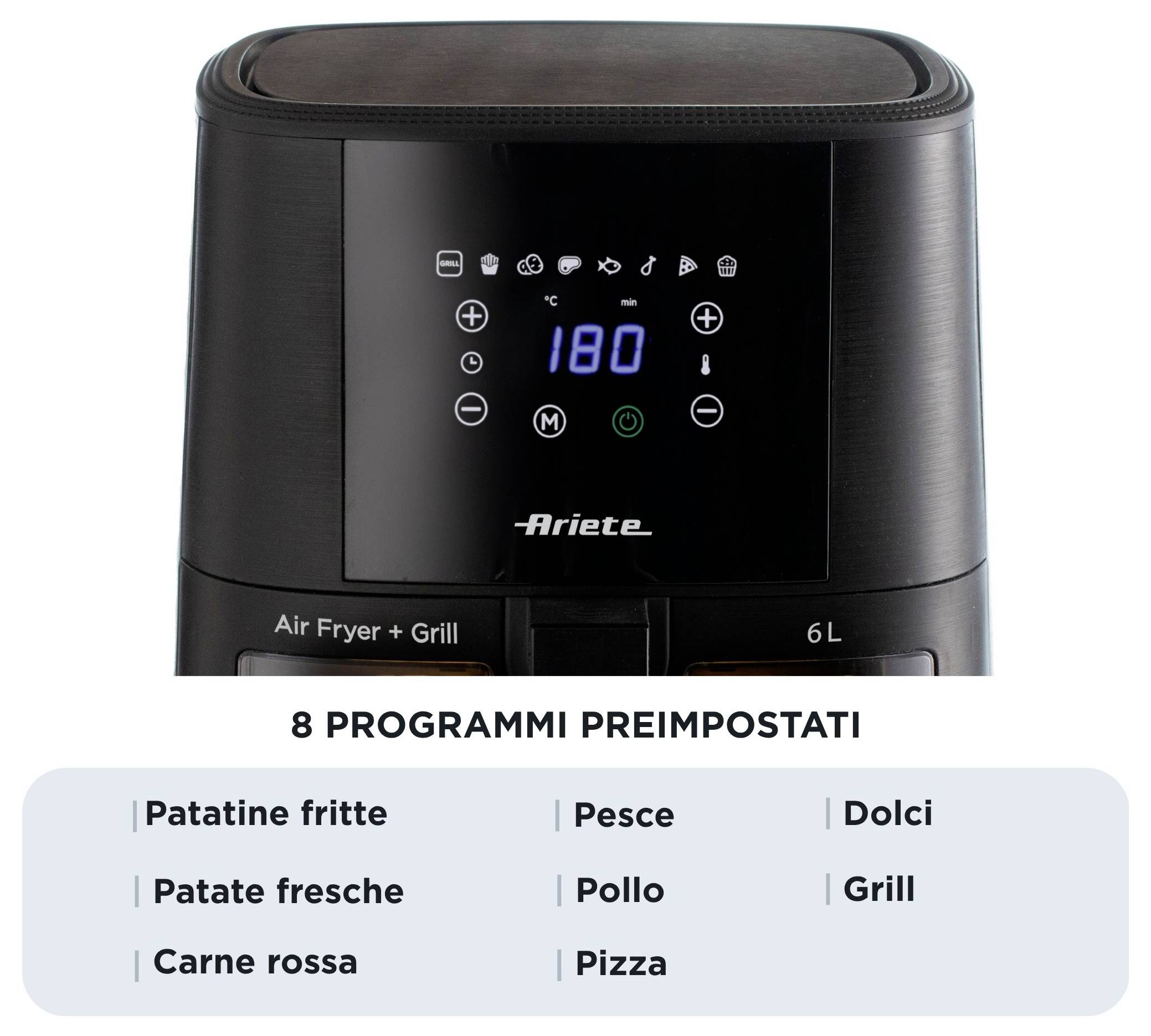 Ariete Heißluftfritteuse 6l Antihaftbeschichtung, BPA-frei, digitaler Timer, für Lebensmittel, Heißluft-Funktion, LCD-Display