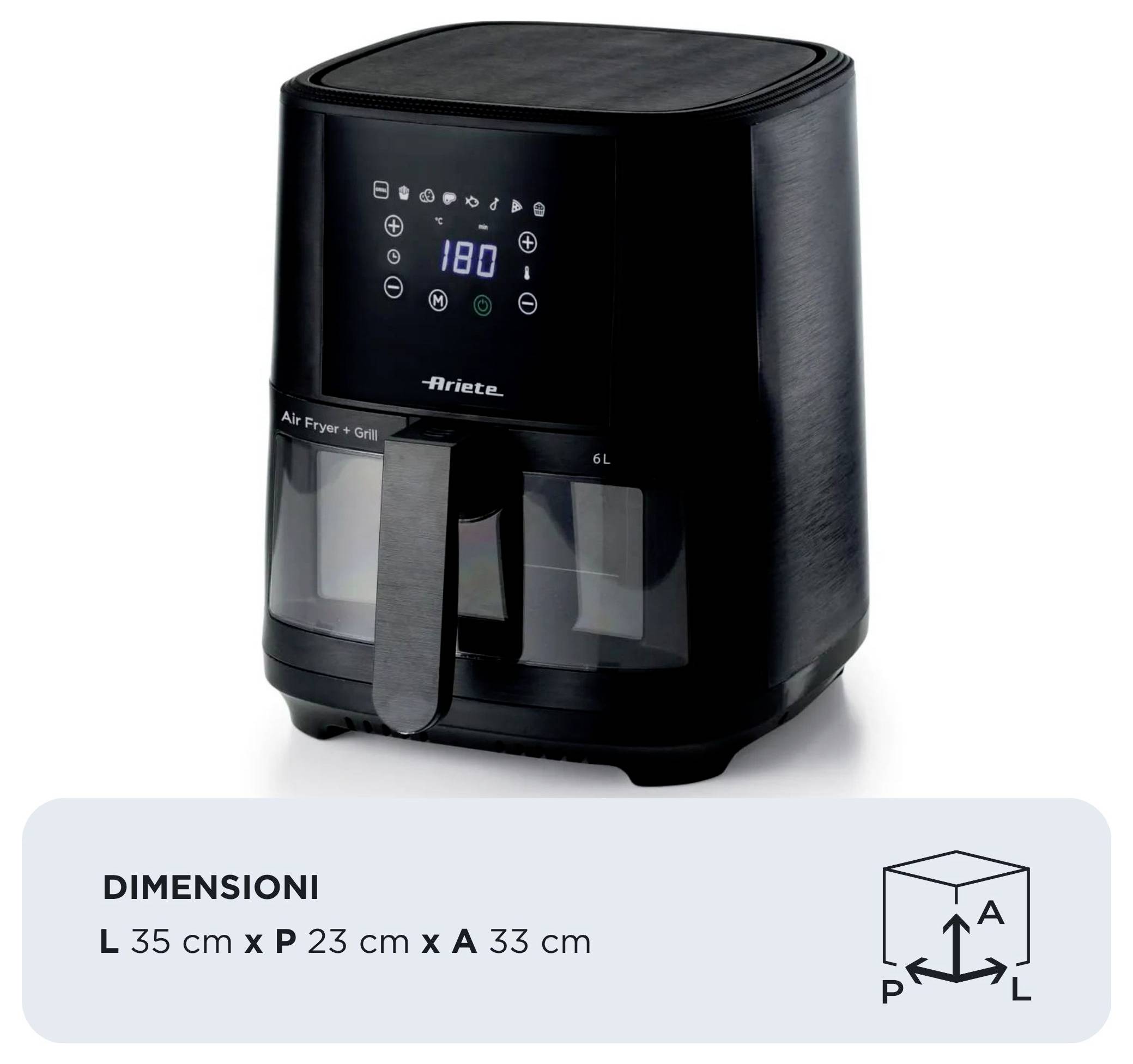 Ariete Heißluftfritteuse 6l Antihaftbeschichtung, BPA-frei, digitaler Timer, für Lebensmittel, Heißluft-Funktion, LCD-Display