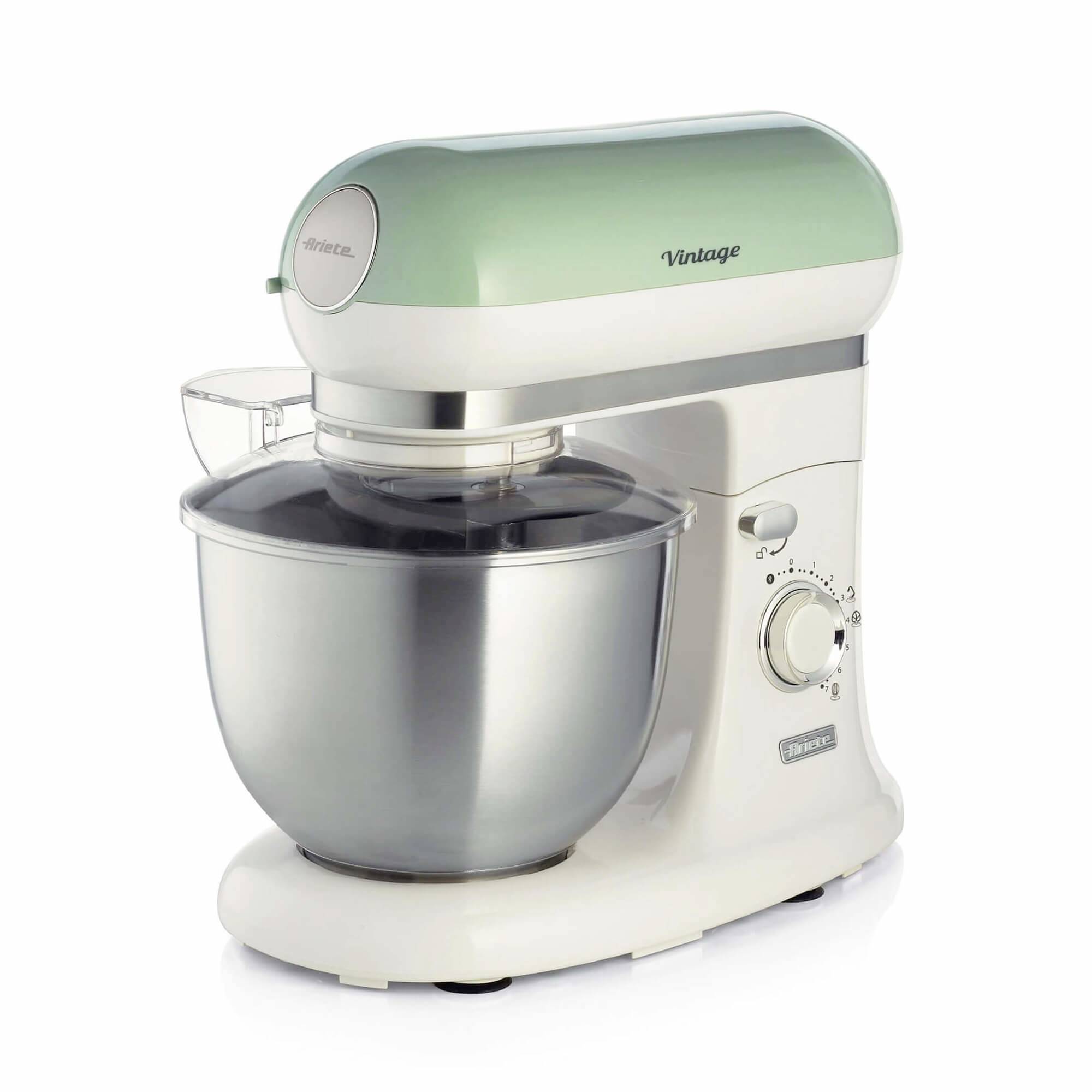 Minzgrüner und weißer Standmixer mit edelstahlerner Schüssel und transparentem Spritzschutz, dargestellt auf weißem Hintergrund.