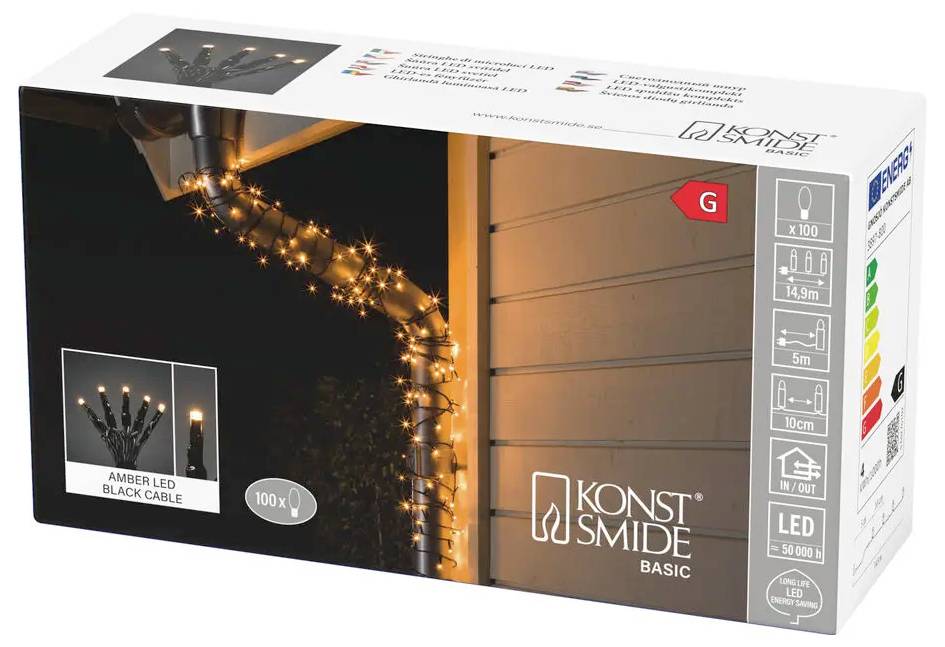 Konstsmide Basic Bernstein-LED-Lichterkette mit schwarzem Kabel, 100 Lichter, für Innen- und Außenbereich geeignet