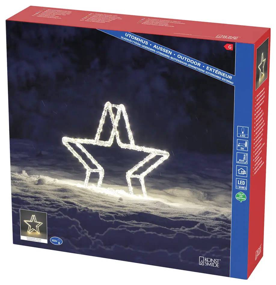 Schachtel mit outdoor LED-Stern-förmiger Lichtdekoration für Weihnachten, leuchtend im Schnee gezeigt; Verpackung zeigt "Outdoor" und "LED".