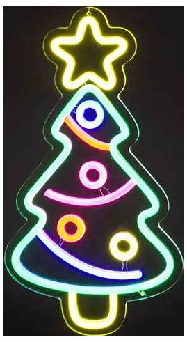 Leuchtreklame mit Weihnachtsbaum in grün, pink, blau und gelb umrissen, mit einem Stern an der Spitze und leuchtenden Ornamentkugeln auf dunklem Hintergrund.