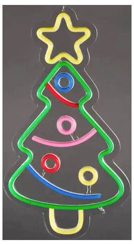 Neon-Stil-Umriss eines Weihnachtsbaums mit einem Stern oben drauf und farbigen runden Christbaumkugeln auf dunklem Hintergrund.
