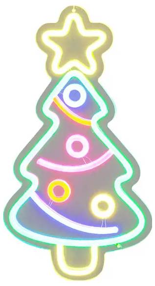 Neon-Weihnachtsbaum mit einem leuchtenden Stern an der Spitze und farbigen Lichtern an den Ästen.