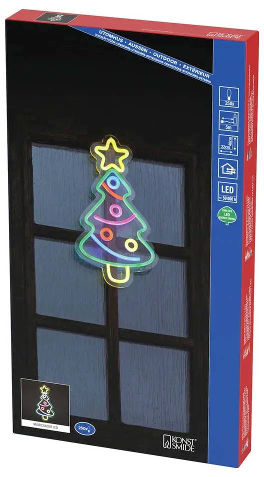 Verpackte hängende LED-Neon-Weihnachtsbaumleuchte mit mehrfarbiger Kontur und Sternspitze, auf der Produktverpackung dargestellt.