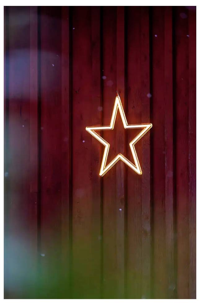 Leuchtend leuchtendes Neon-Sternsymbol, zentriert an einer dunklen Holzwand mit roter und grüner Beleuchtung.