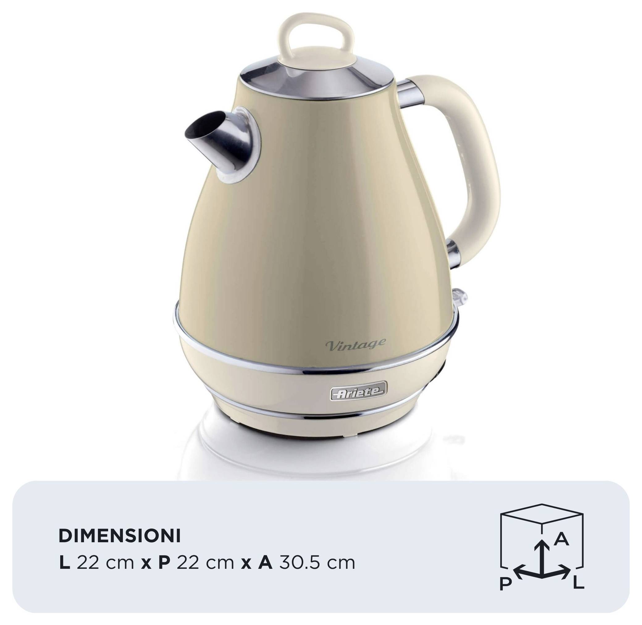 Beiger elektrischer Wasserkocher mit schwarzem Ausguss und Griff; Größenetikette liest sich "DIMENSIONI L 22 cm x P 22 cm x A 30,5 cm".
