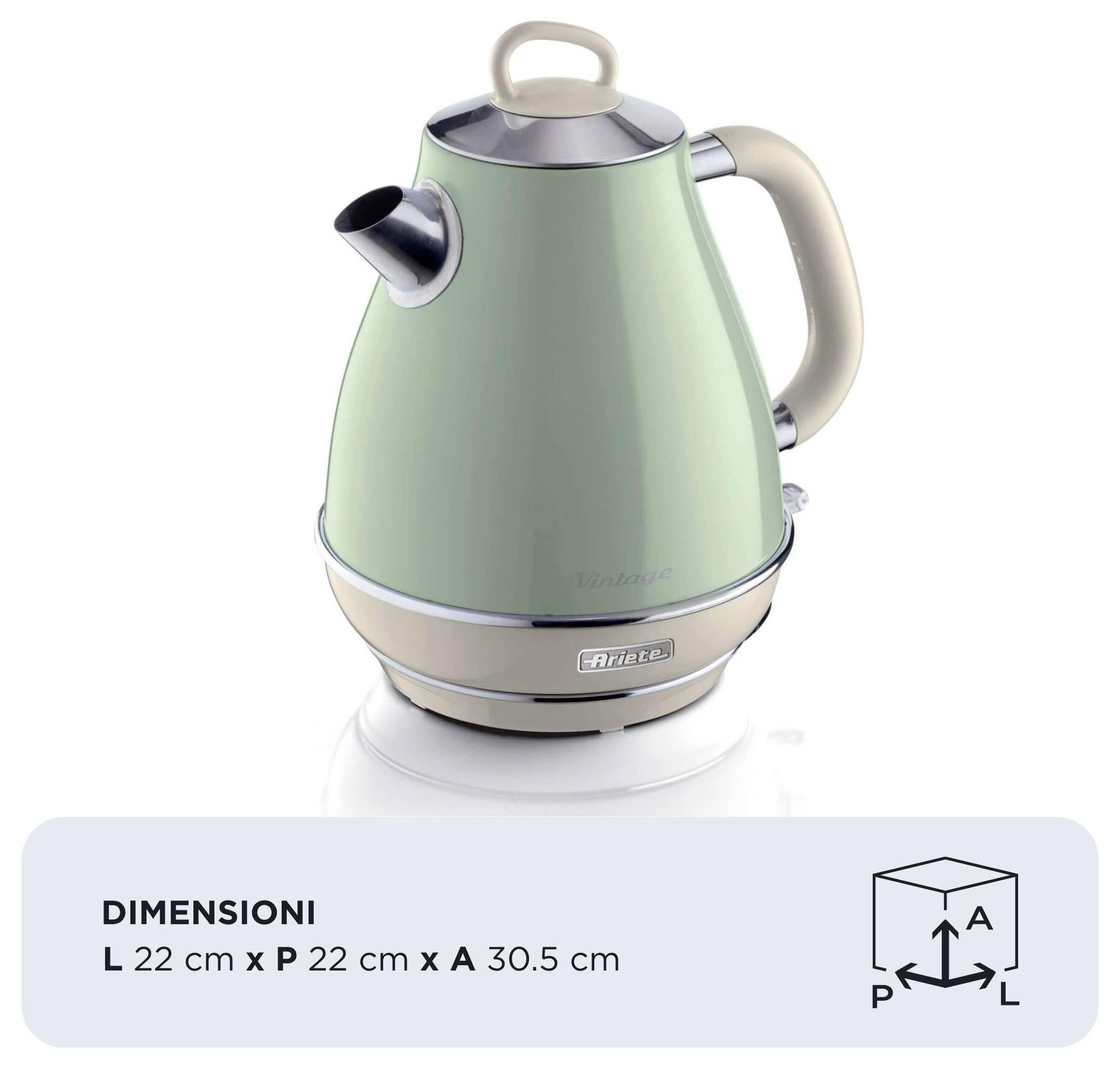 Mintgrüner Elektrischer Wasserkocher mit beigem Griff und Verzierungen; das Etikett darunter zeigt die Abmessungen L 22 cm x B 22 cm x H 30,5 cm.
