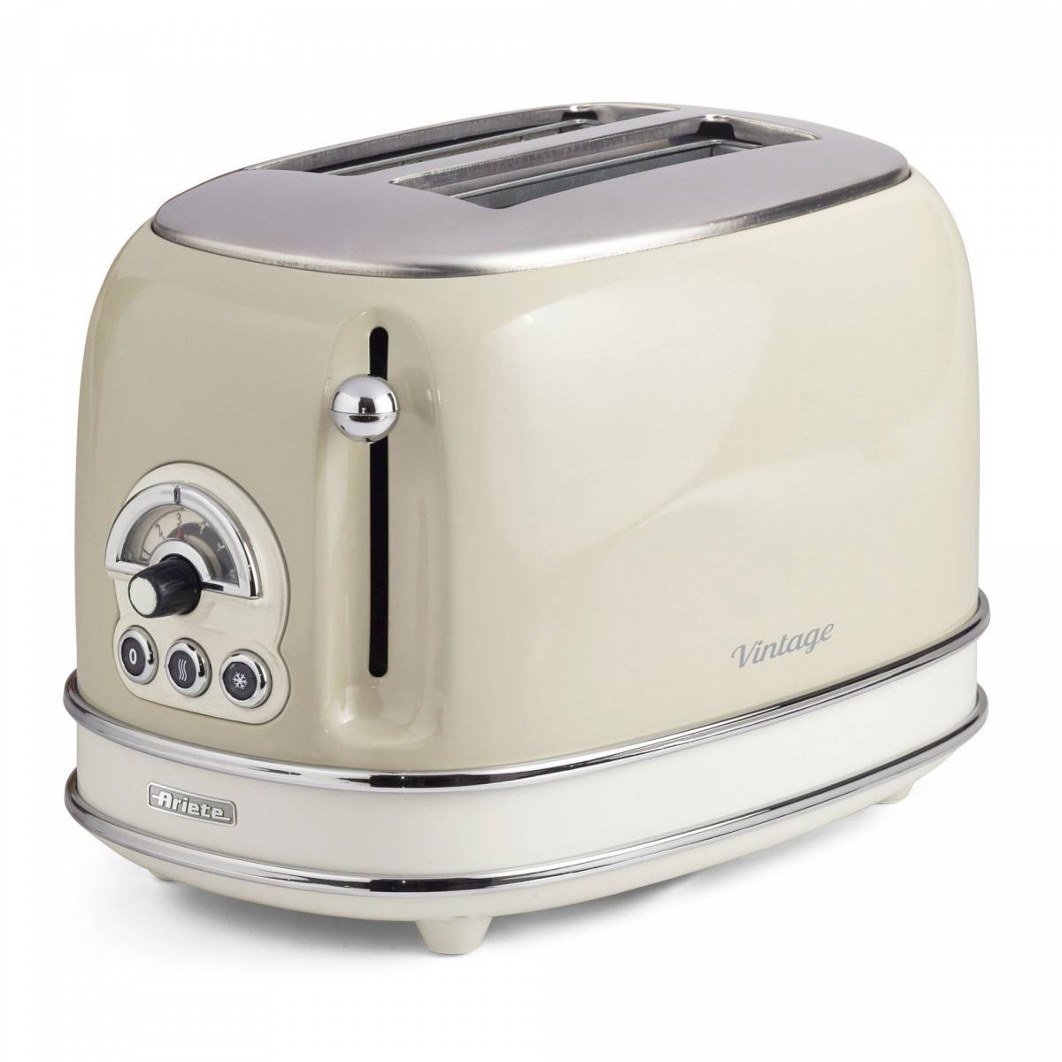 Creme-farbener Vintage-Toaster für zwei Scheiben mit verchromten Akzenten, Bedienregler und Tasten an der Vorderseite und breitem Toastschlitz oben.
