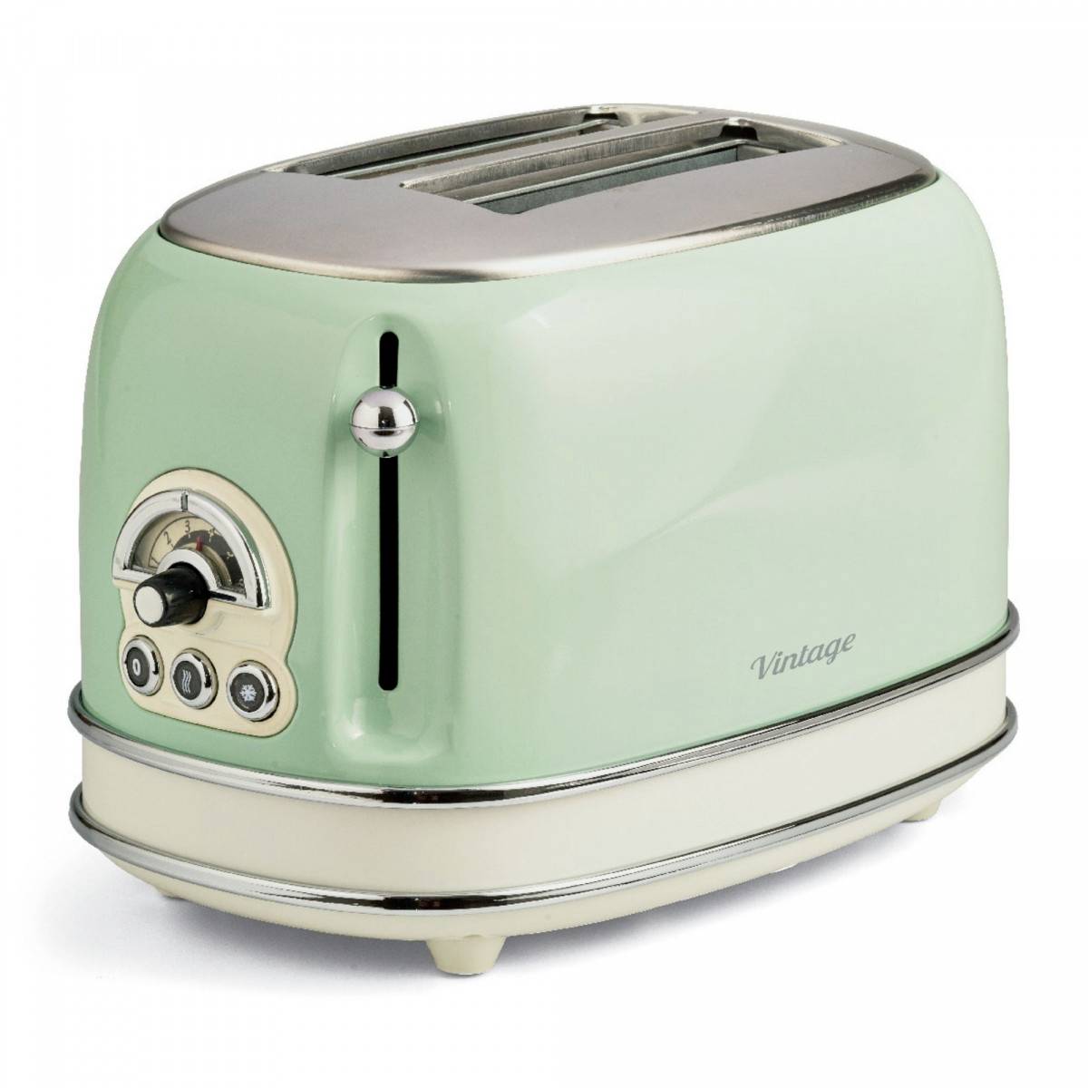 Mintgrüner Vintage-Toaster für zwei Scheiben mit Chromleisten und seitlichem Bedienrad, gezeigt auf weißem Hintergrund.