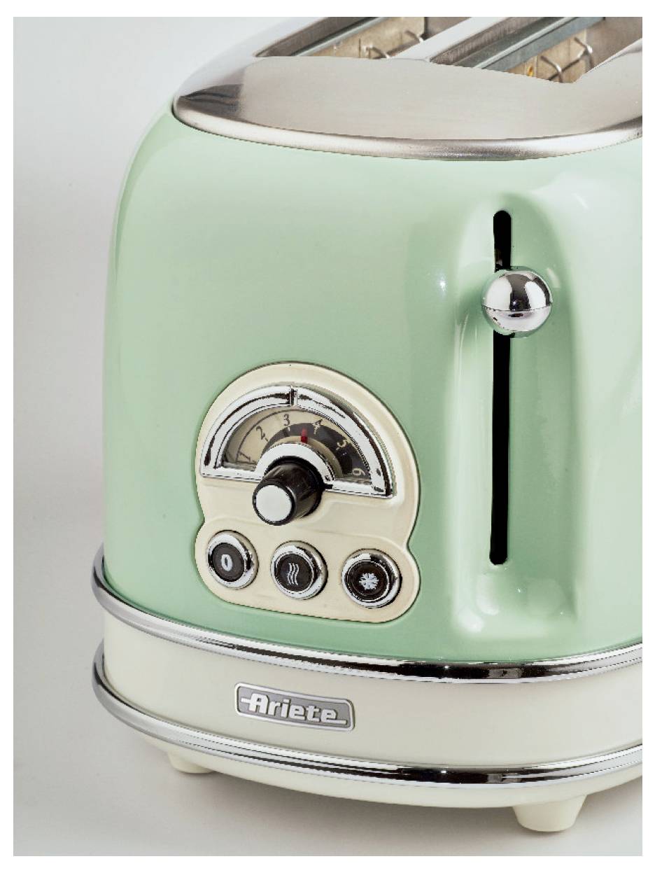 Mintgrüner Retro-Toaster Ariete mit Chromakzenten und Bedienregler, gezeigt in einer nahaufnahmen Produktfoto.