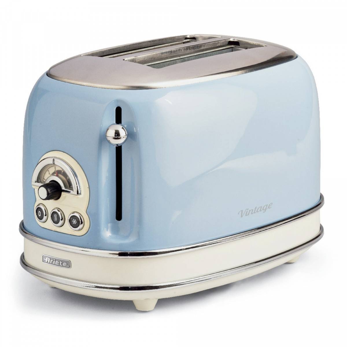Hellblauer Toaster im Vintage-Stil mit Chromleisten, Seitenhebel, Bräunungsregler und zwei Schlitzen oben.