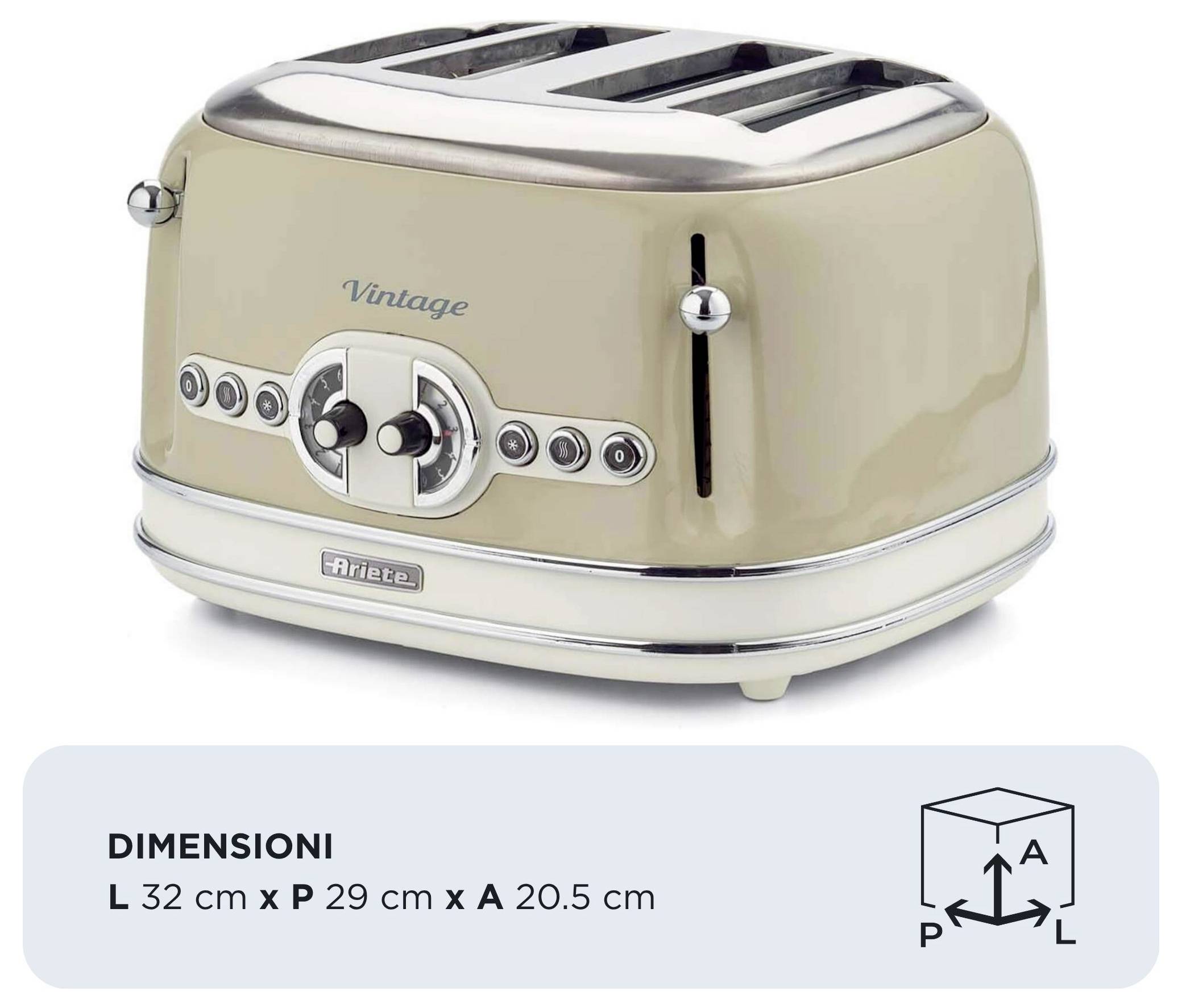 Vintage viererschlitz-Toaster in Beige mit Chromakzenten; das Abmessungsetikett zeigt 'DIMENSIONI L 32 cm x P 29 cm x A 20.5 cm'.