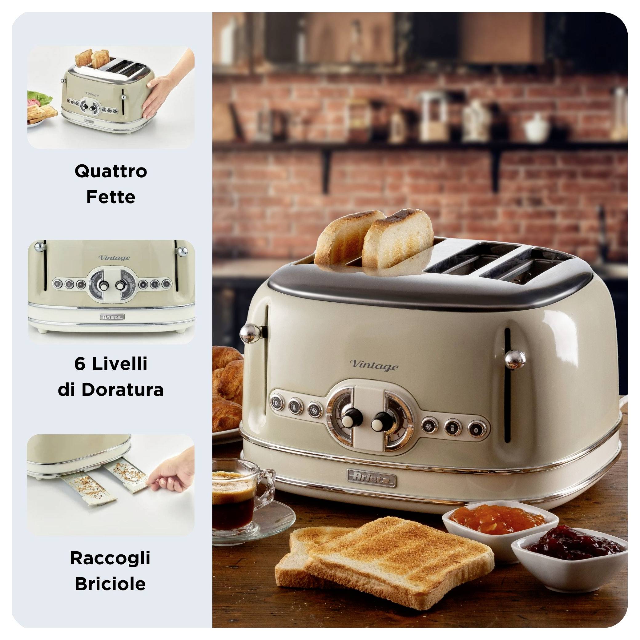 Vintage Vier-Scheiben-Toaster mit 6 Bräunungsstufen und Krümelschublade, mit Toast auf einer Küchenarbeitsplatte abgebildet; das linke Bedienfeld zeigt Funktionshinweise auf Italienisch.