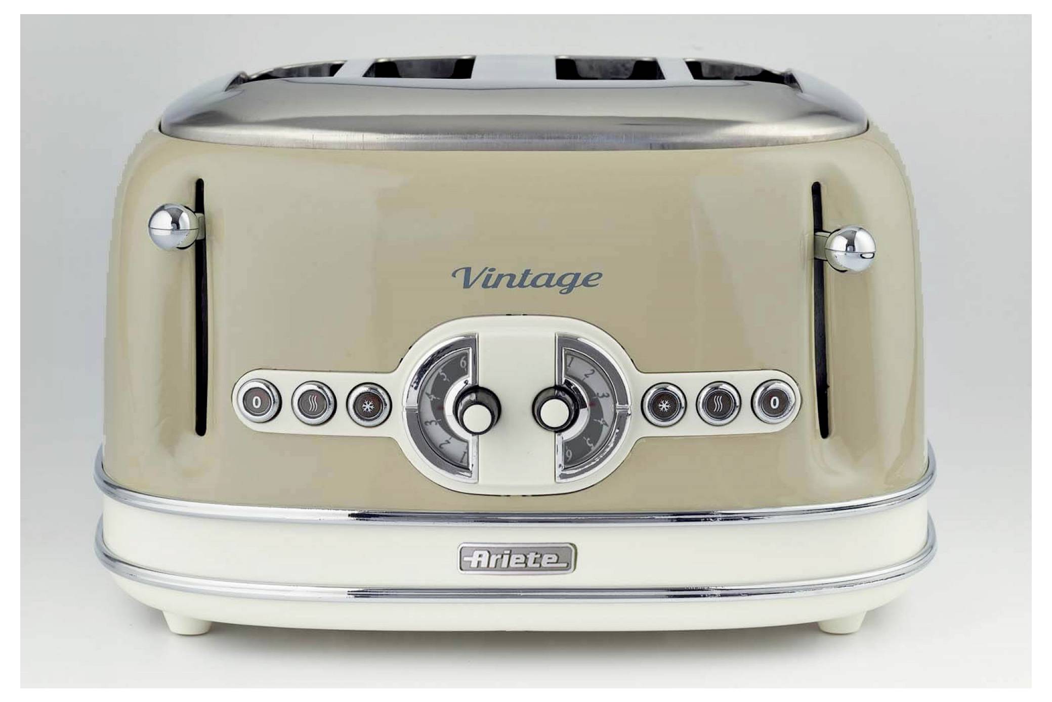 Beige Vintage Ariete Toaster mit Chromelementen und mehreren Bedienungstasten auf weißem Hintergrund.