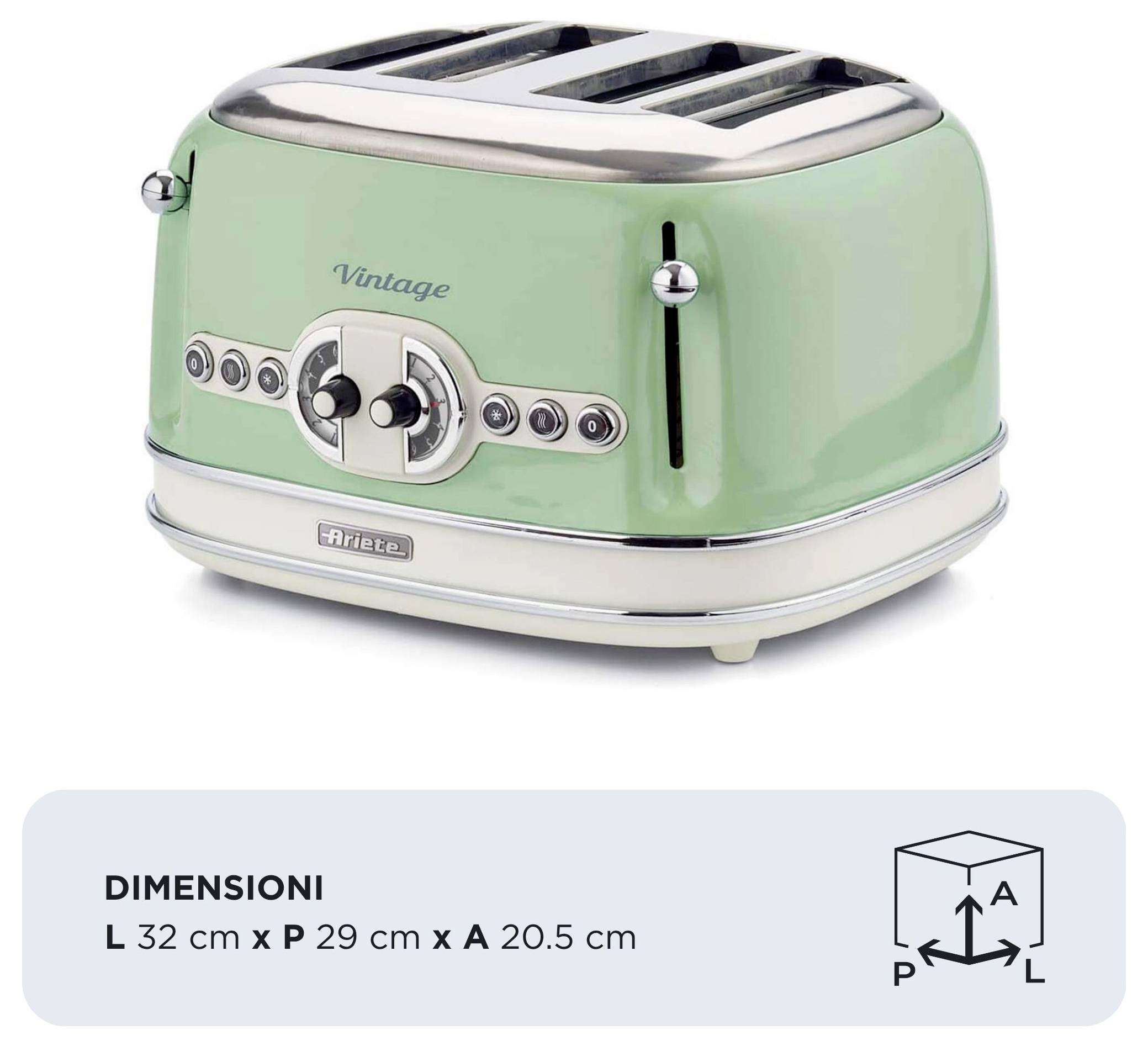 Vintage Toaster in Mintgrün mit vier Schlitzen; Abmessungen: L 32 cm x T 29 cm x H 20,5 cm.