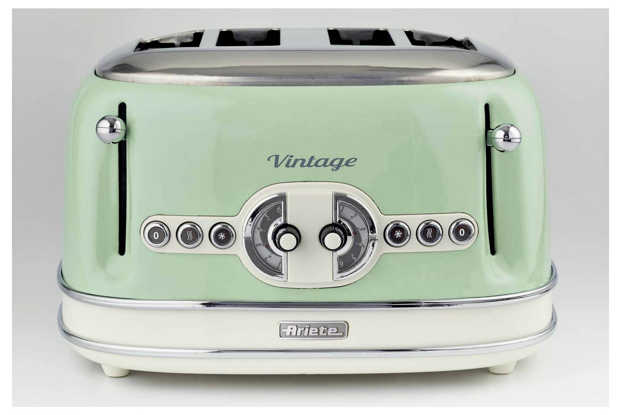 Mintgrüner Retro-Toaster mit der Aufschrift "Vintage" und "Ariete", mit zwei Schlitzen und zentralen Bräunungsreglern auf weißem Hintergrund.
