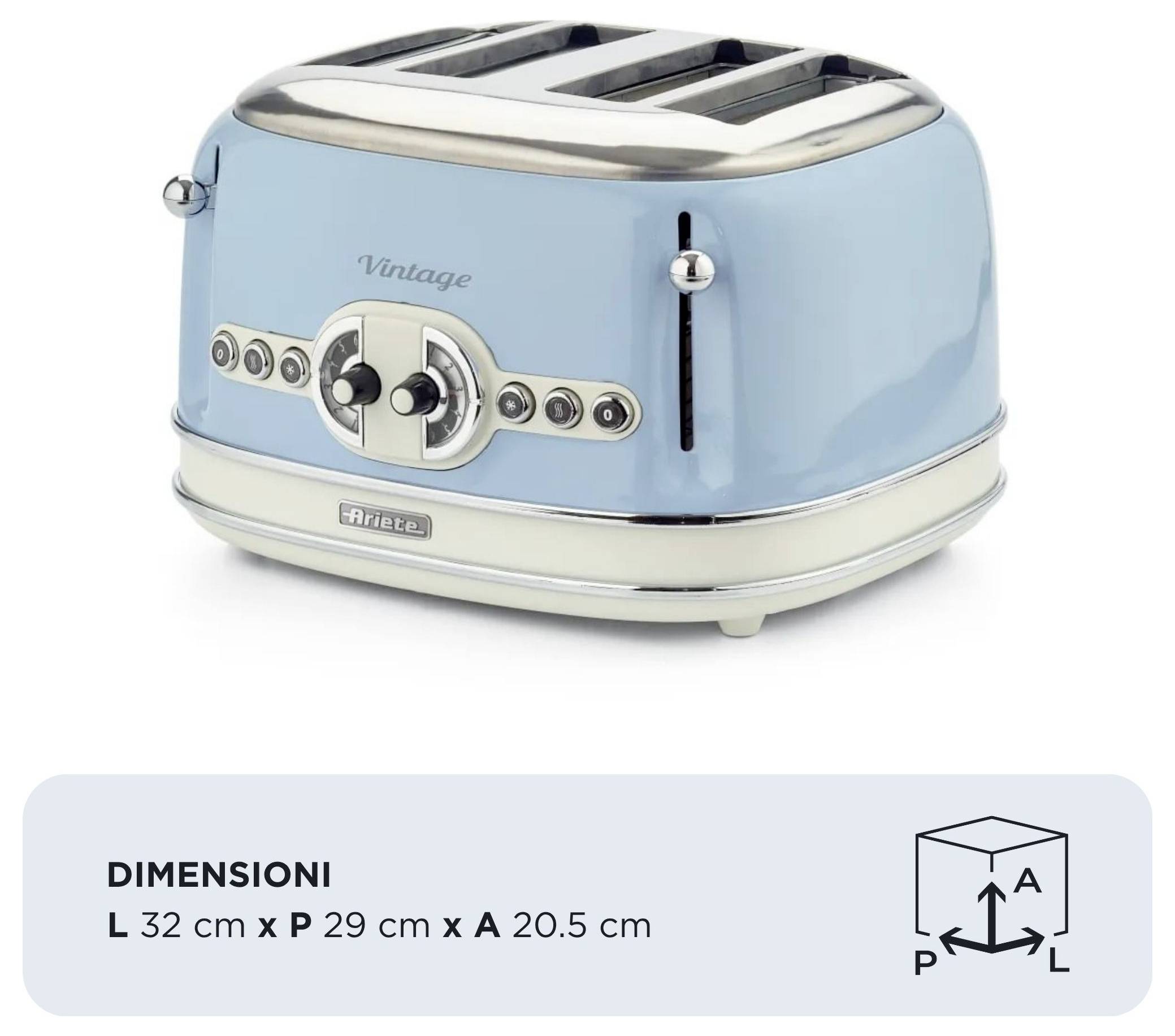 Blauer Toaster im Retro-Stil für 2 Scheiben mit Chromakzenten; Abmessungen wie folgt: L 32 cm x T 29 cm x H 20,5 cm.