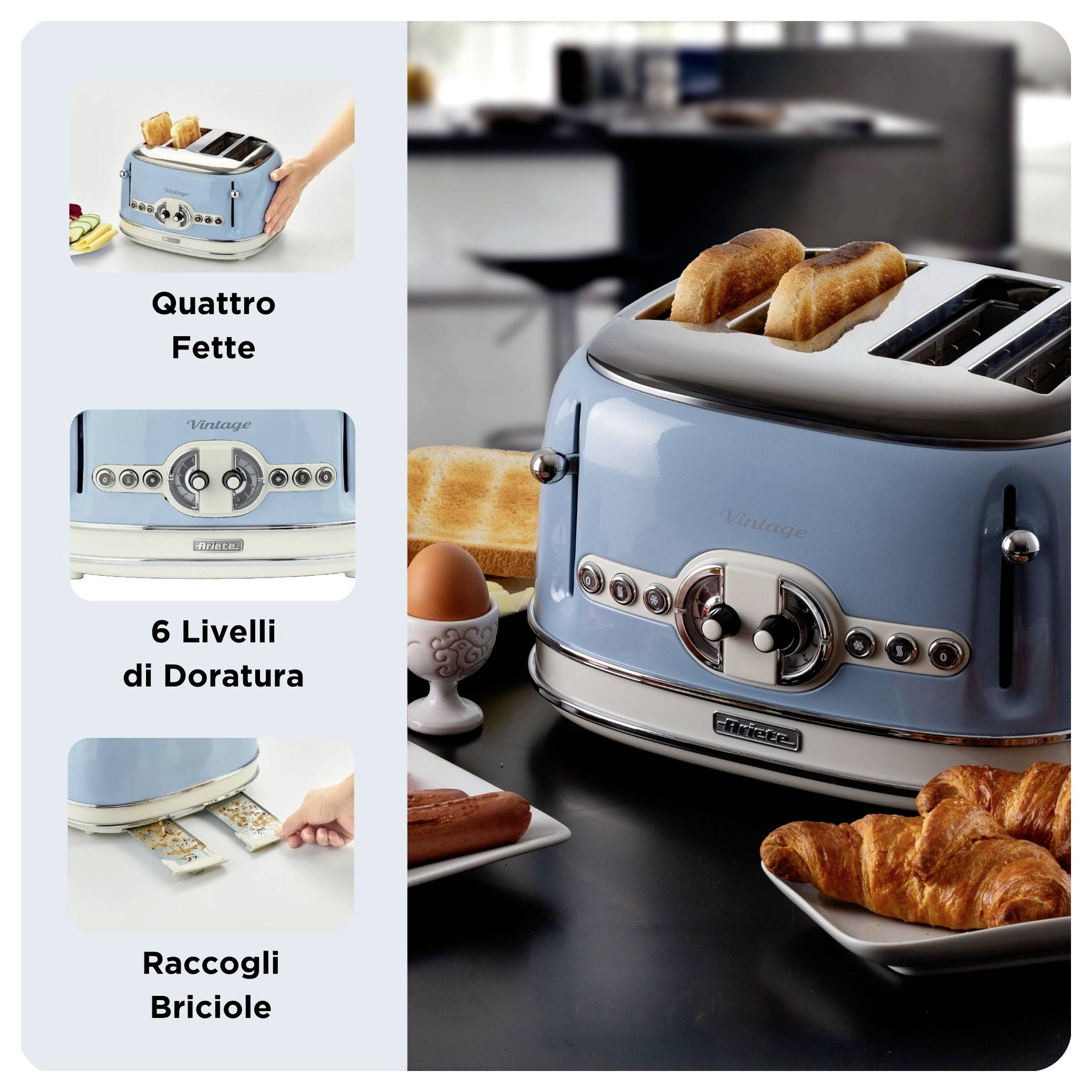 Anzeige für einen blauen Toaster im Vintage-Stil mit vier Schächten, 6 Bräunungsstufen und einer Krümelschublade; abgebildet mit Toast, Eiern und Croissants.